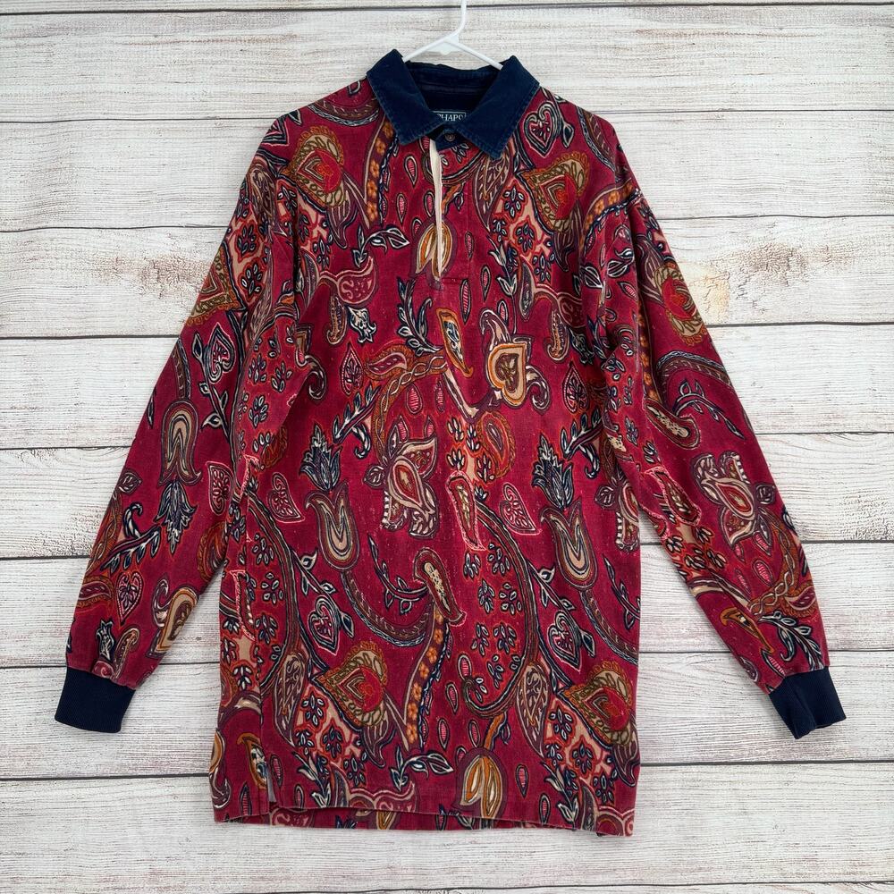 Vintage Chaps Ralph Lauren Floral Slim Polo Shirt Mens L Red Blue Cord Collar‎